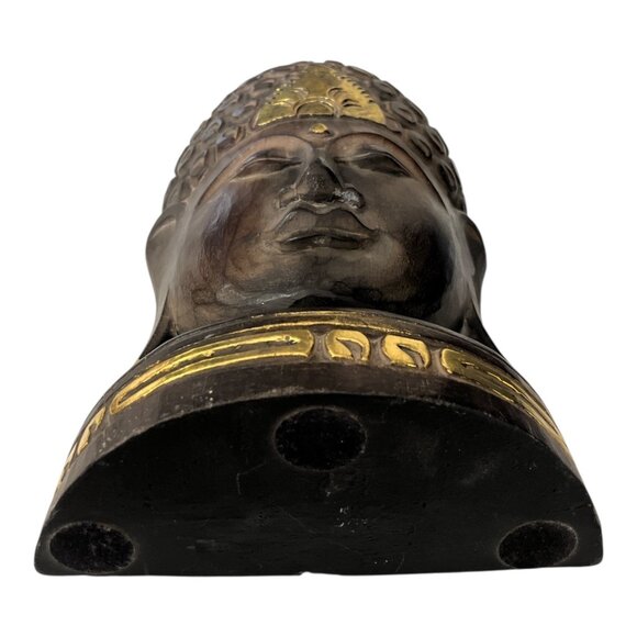 Vintage Early 2000s Hand-Carved Wooden Buddha Head Sculpture – Dark Brown & Gold - Picture 3 of 5